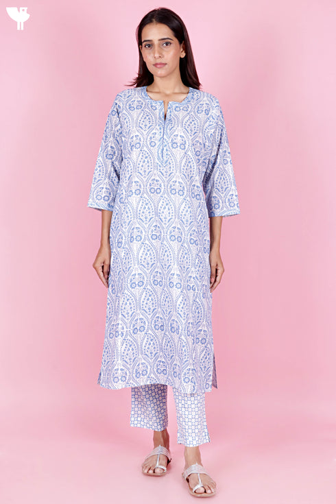 Cambric Cotton Kurta Pant Set With Kota Dupatta In Block Print