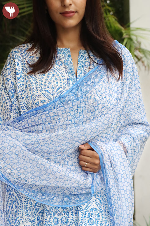 Cambric Cotton Kurta Pant Set With Kota Dupatta In Block Print