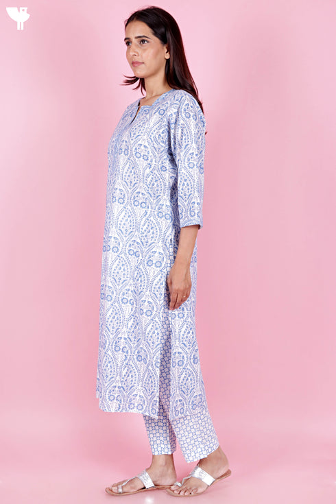 Cambric Cotton Kurta Pant Set With Kota Dupatta In Block Print