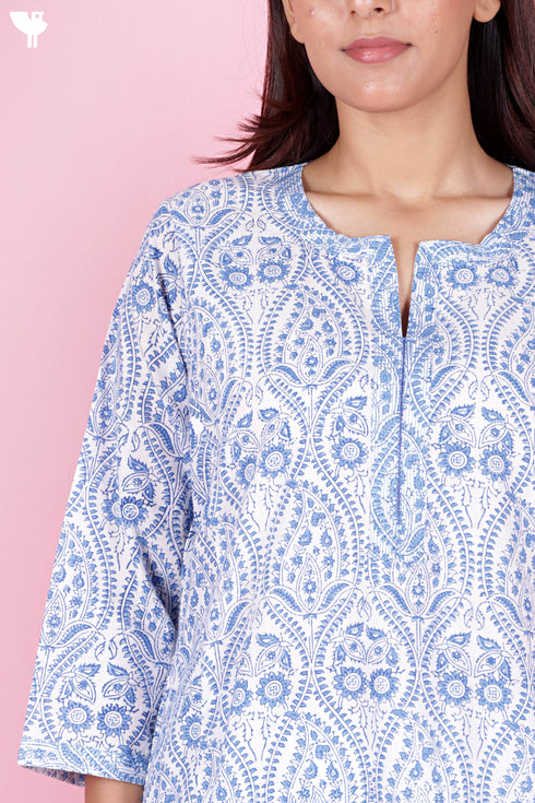 Cambric Cotton Kurta Pant Set With Kota Dupatta In Block Print