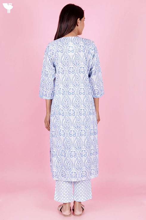Cambric Cotton Kurta Pant Set With Kota Dupatta In Block Print