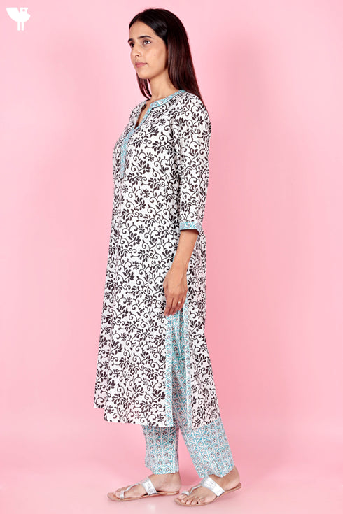 Cotton Kurta Pant Set With Kota Dupatta In Block Print