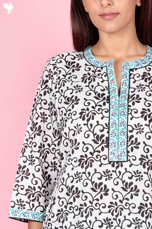 Cotton Kurta Pant Set With Kota Dupatta In Block Print