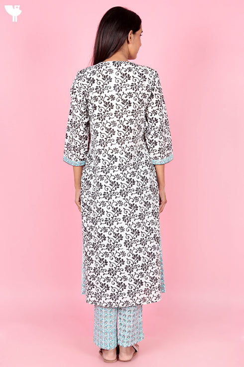 Cotton Kurta Pant Set With Kota Dupatta In Block Print