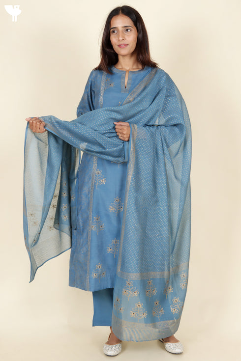 Chanderi Silk Kurta And Set With Dupatta Block Print Steel Blue