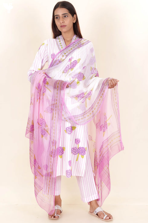 Bizzy Lizzy Cotton Kurta Pant Set With Chiffon Dupatta In Block Print