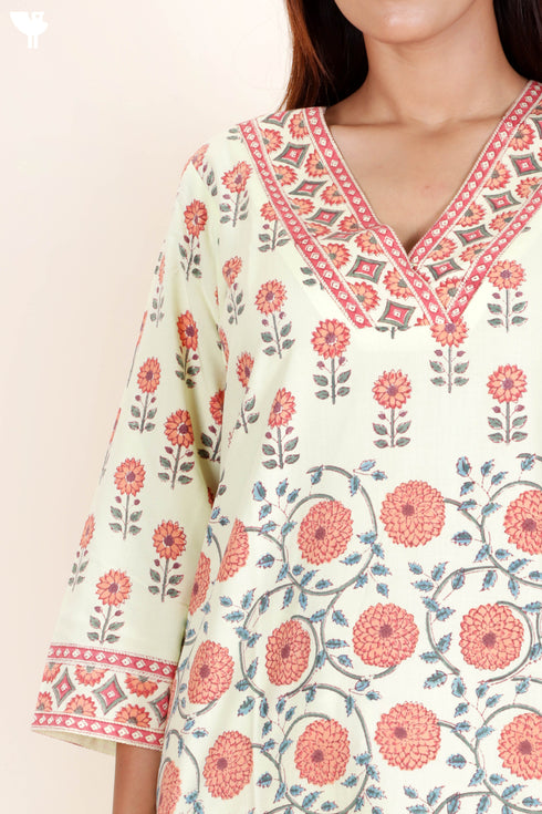 Bizzy Lizzy Cotton Kurta Pant Set With Chiffon Dupatta In Block Print