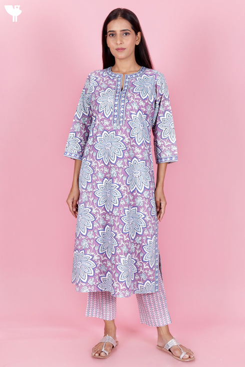 Bizzy Lizzy Cotton Kurta Pant Set With Chiffon Dupatta In Block Print