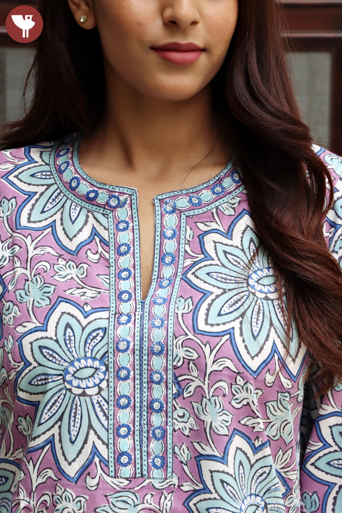 Bizzy Lizzy Cotton Kurta Pant Set With Chiffon Dupatta In Block Print