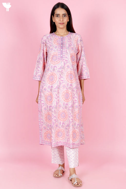Bizzy Lizzy Cotton Kurta Pant Set With Chiffon Dupatta In Block Print