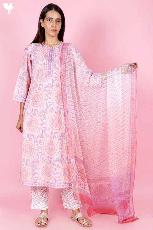 Bizzy Lizzy Cotton Kurta Pant Set With Chiffon Dupatta In Block Print