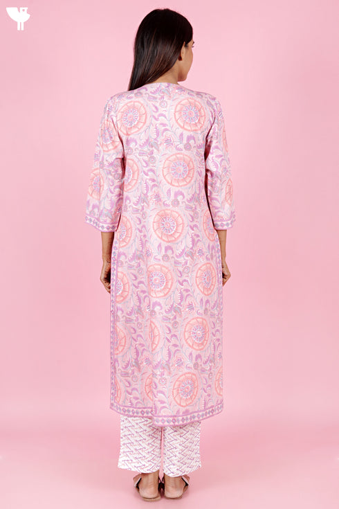 Bizzy Lizzy Cotton Kurta Pant Set With Chiffon Dupatta In Block Print