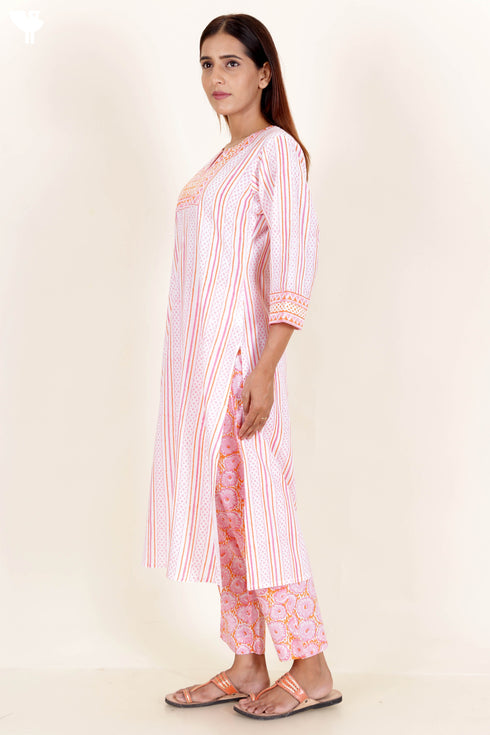 Cotton Kurta And Pant Set In Block Print