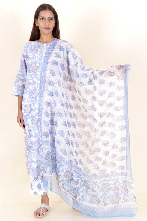 Terry Voile Kurta Pant Set With Dupatta In Block Print