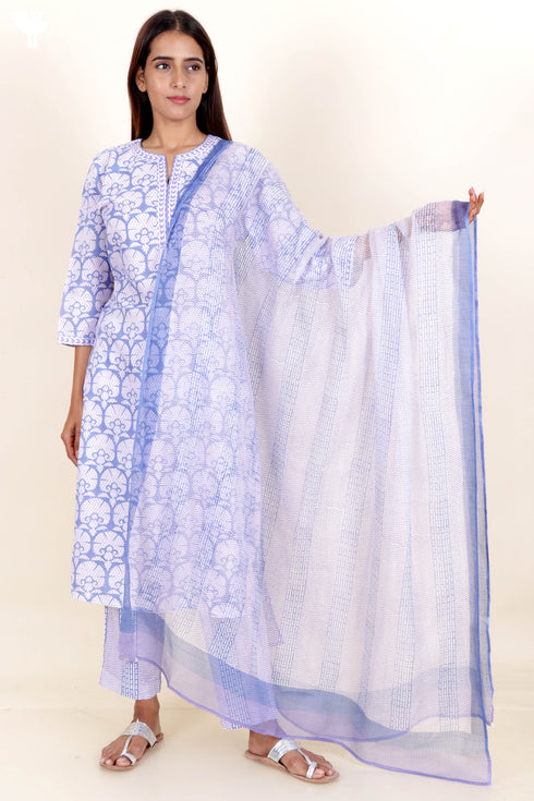 Terry Voile Kurta Pant Set With Dupatta In Block Print
