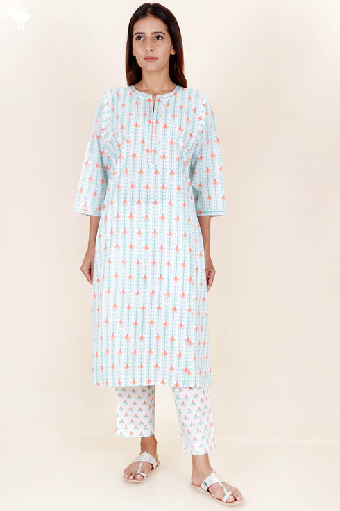 Cotton Kurta Pant Set With Dupatta In Block Print