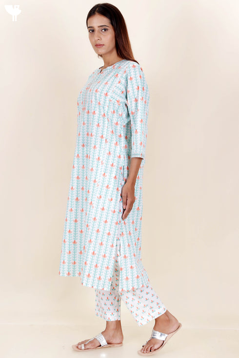 Cotton Kurta Pant Set With Dupatta In Block Print