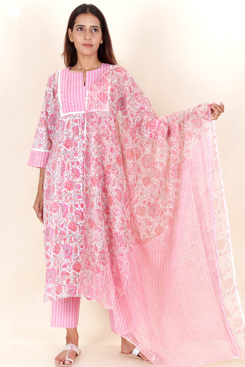 Cotton Kurta Pant Set With Dupatta In Block Print