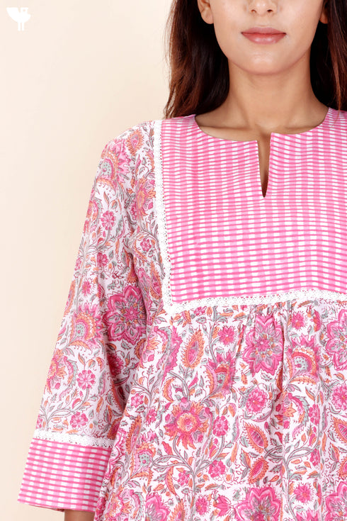 Cotton Kurta Pant Set With Dupatta In Block Print