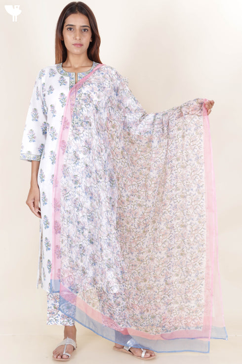 Cotton Kurta Pant Set With Dupatta In Block Print
