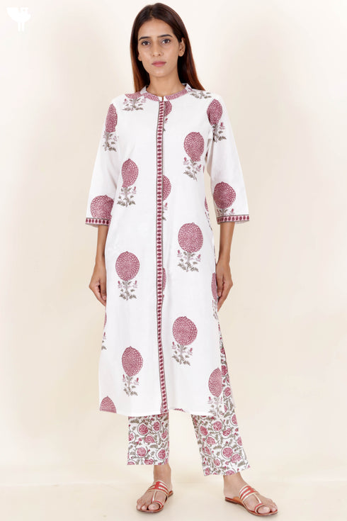 Cotton Kurta Pant Set With Dupatta In Block Print