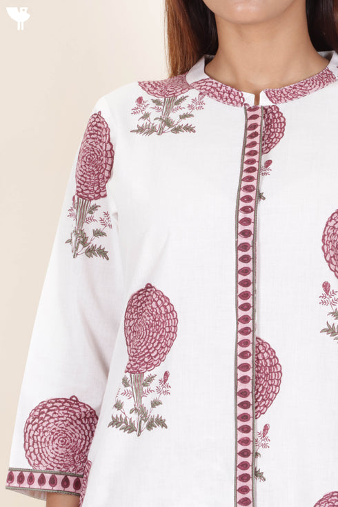 Cotton Kurta Pant Set With Dupatta In Block Print