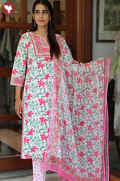 Cotton Kurta Pant Set With Dupatta In Block Print