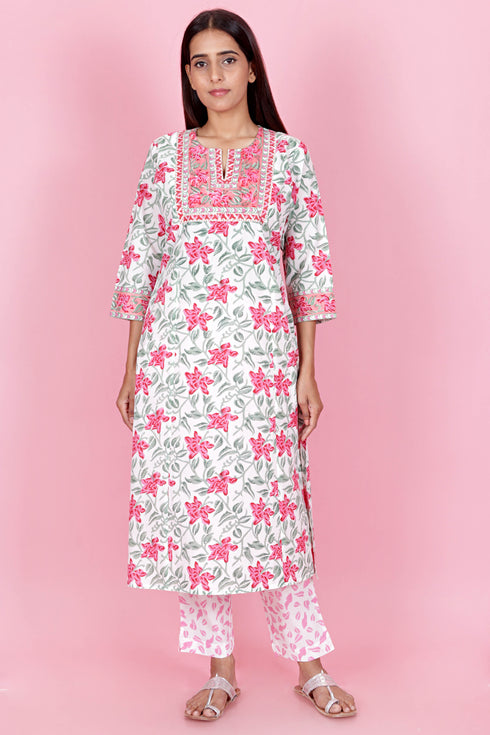 Cotton Kurta Pant Set With Dupatta In Block Print