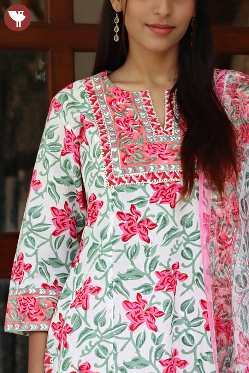 Cotton Kurta Pant Set With Dupatta In Block Print