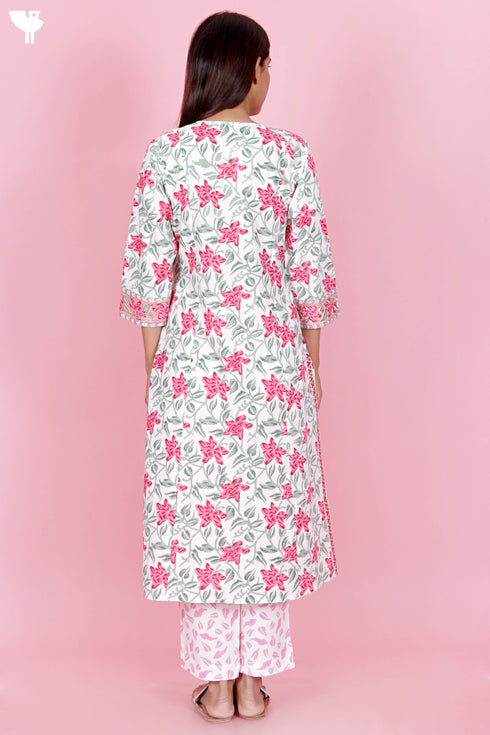 Cotton Kurta Pant Set With Dupatta In Block Print