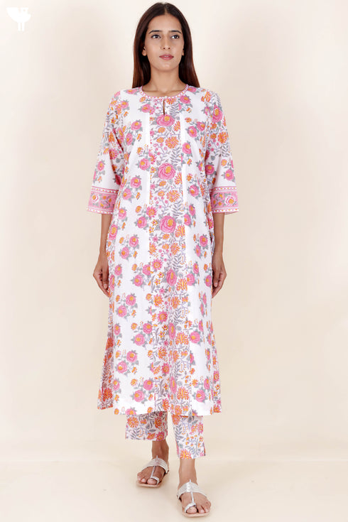 Cambric Cotton Kurta Pant Set With Dupatta In Block Print