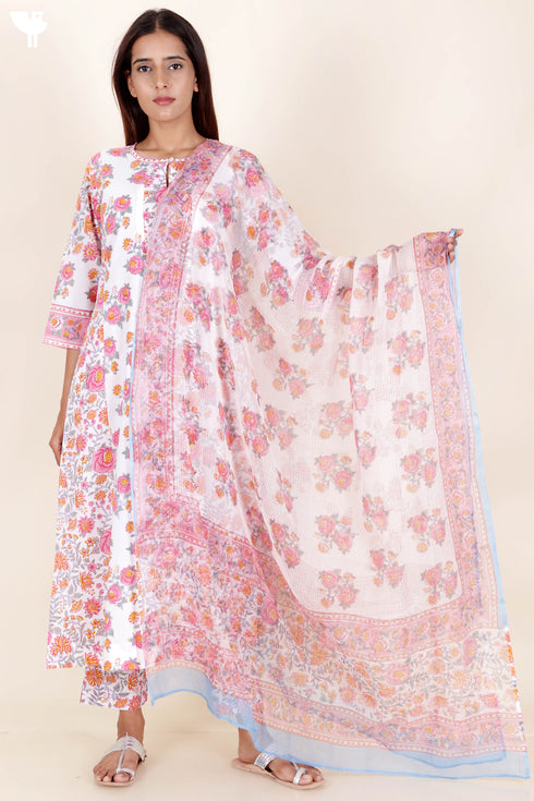 Cambric Cotton Kurta Pant Set With Dupatta In Block Print