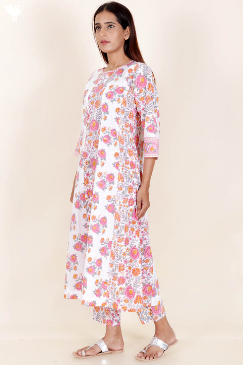 Cambric Cotton Kurta Pant Set With Dupatta In Block Print
