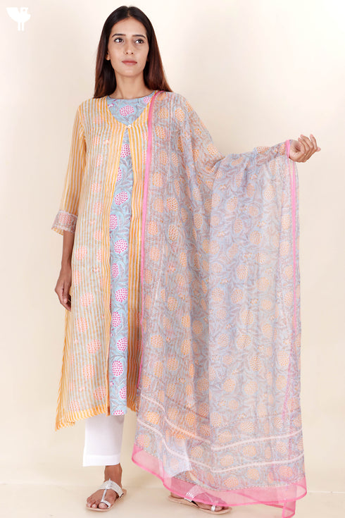 Kota Doria Kurta Pant Set With Dupatta In Block Print
