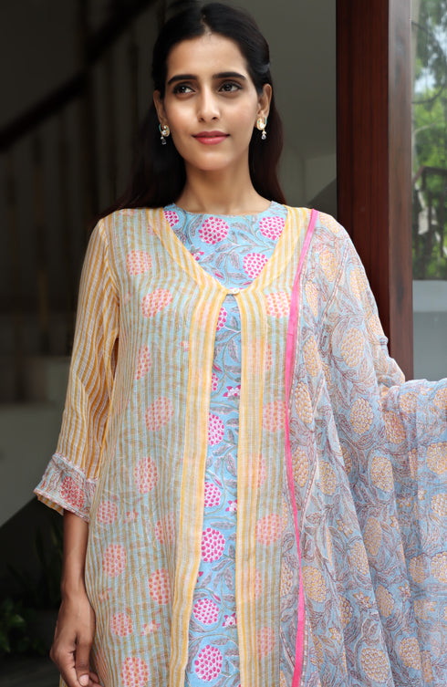 Kota Doria Kurta Pant Set With Dupatta In Block Print