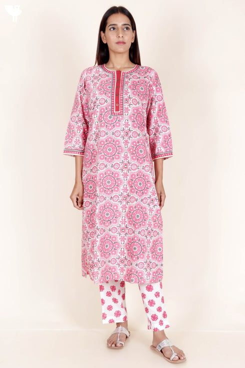 Bizzy Lizzy Kurta Pant Set With Kota Dupatta In Block Print