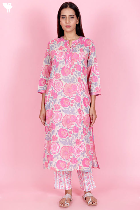 Mulmul Kurta Pant Set With Kota Dupatta In Block Print