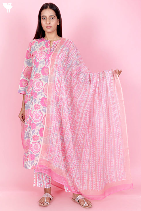 Mulmul Kurta Pant Set With Kota Dupatta In Block Print
