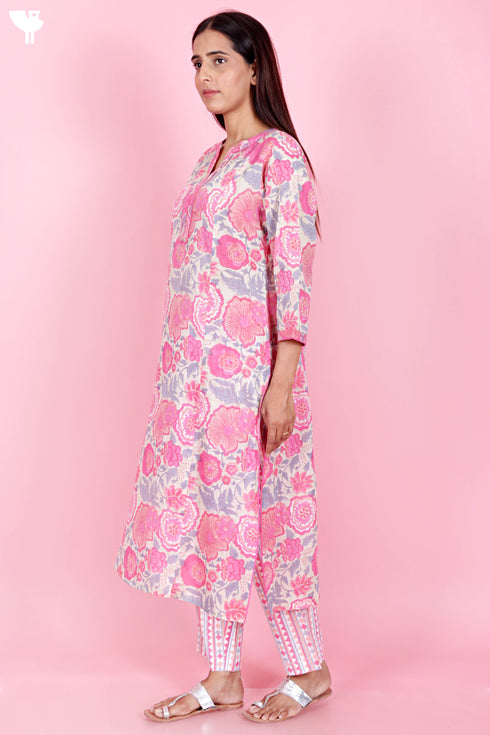 Mulmul Kurta Pant Set With Kota Dupatta In Block Print
