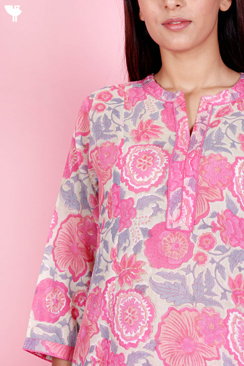 Mulmul Kurta Pant Set With Kota Dupatta In Block Print