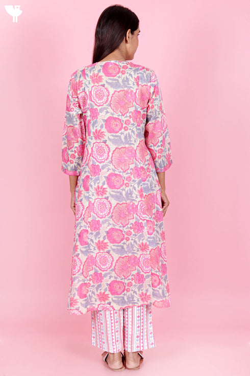 Mulmul Kurta Pant Set With Kota Dupatta In Block Print