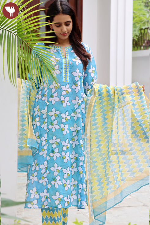 Mulmul Kurta Pant Set With Kota Dupatta In Block Print
