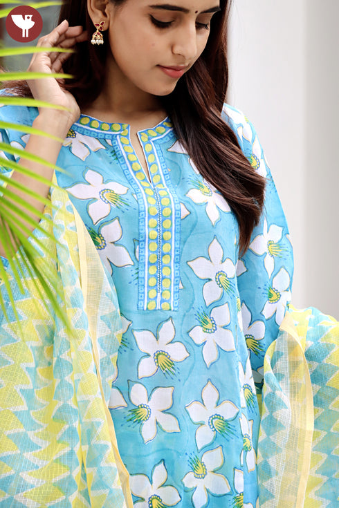 Mulmul Kurta Pant Set With Kota Dupatta In Block Print