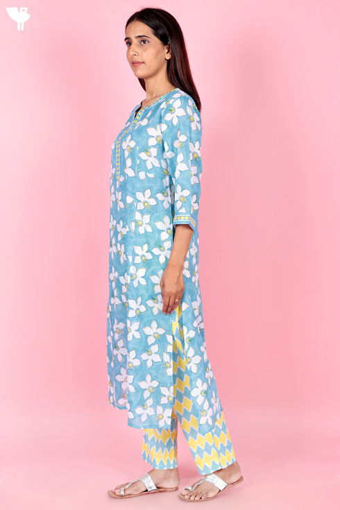 Mulmul Kurta Pant Set With Kota Dupatta In Block Print