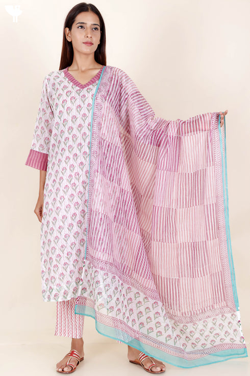 Kota Doria Kurta Pant Set With Dupatta In Block Print