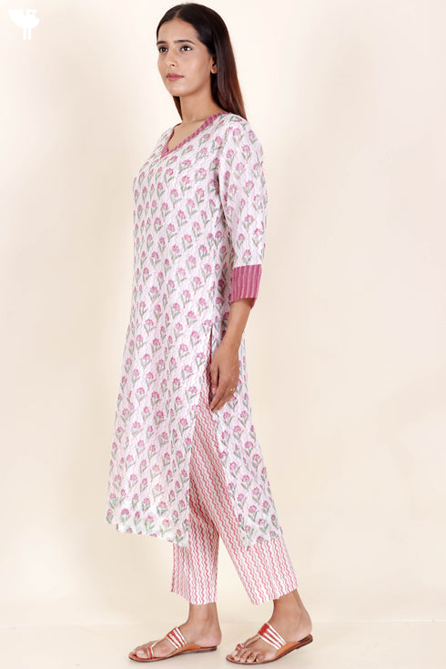 Kota Doria Kurta Pant Set With Dupatta In Block Print