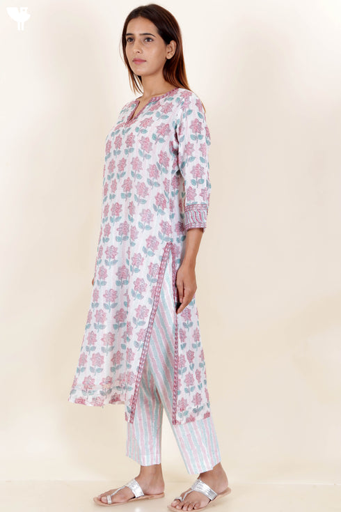 Kota Doria Kurta Pant Set With Dupatta In Block Print