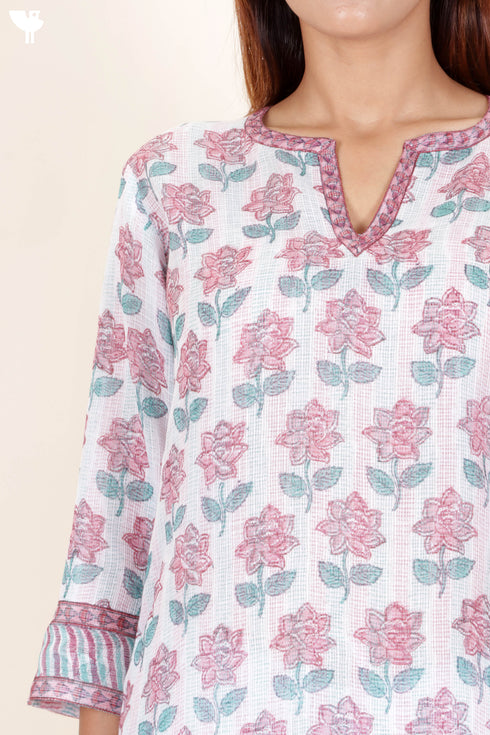 Kota Doria Kurta Pant Set With Dupatta In Block Print