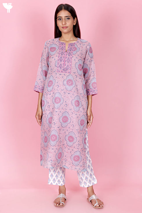 Kota Doria Kurta Pant Set With Dupatta In Block Print