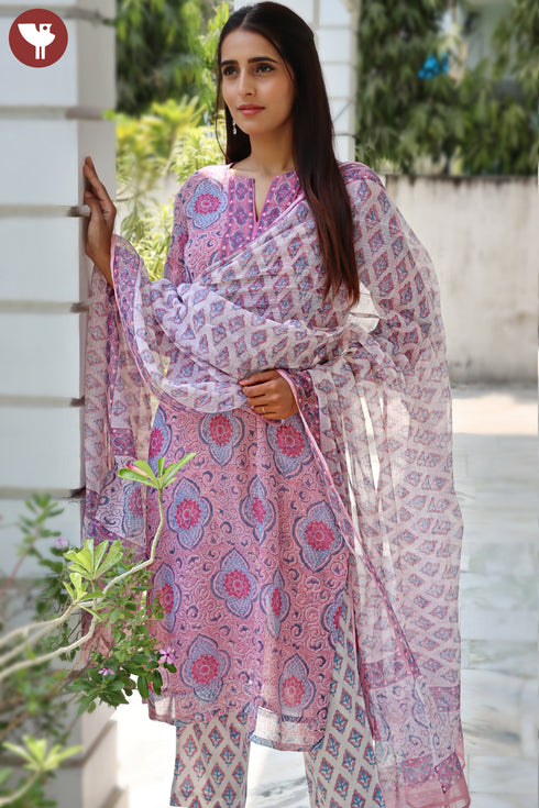 Kota Doria Kurta Pant Set With Dupatta In Block Print